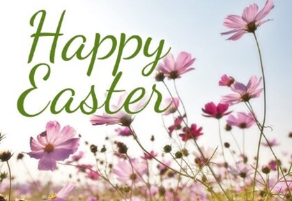 Happy Easter text with several flowes in the background.