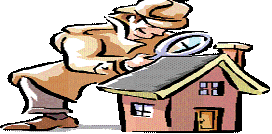 A cartoon of an inspector looking at a small house with a magnifying glass.