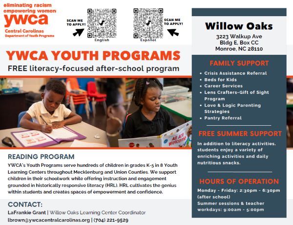 YWCA Youth Program flyer with two young children reading. The info on this flyer is in the text above. 