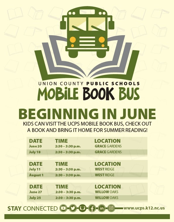 Mobile Book Bus Schedule Flyer. All information on this flyer is listed above.