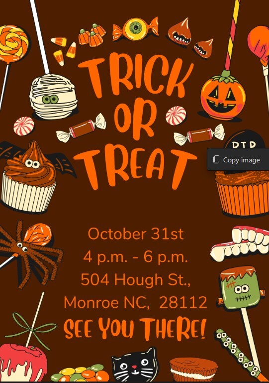 Halloween Trick or Treat flyer. All information on this flyer is listed above.