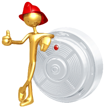 figure in fireman hat with thumbs up standing next to smoke detector